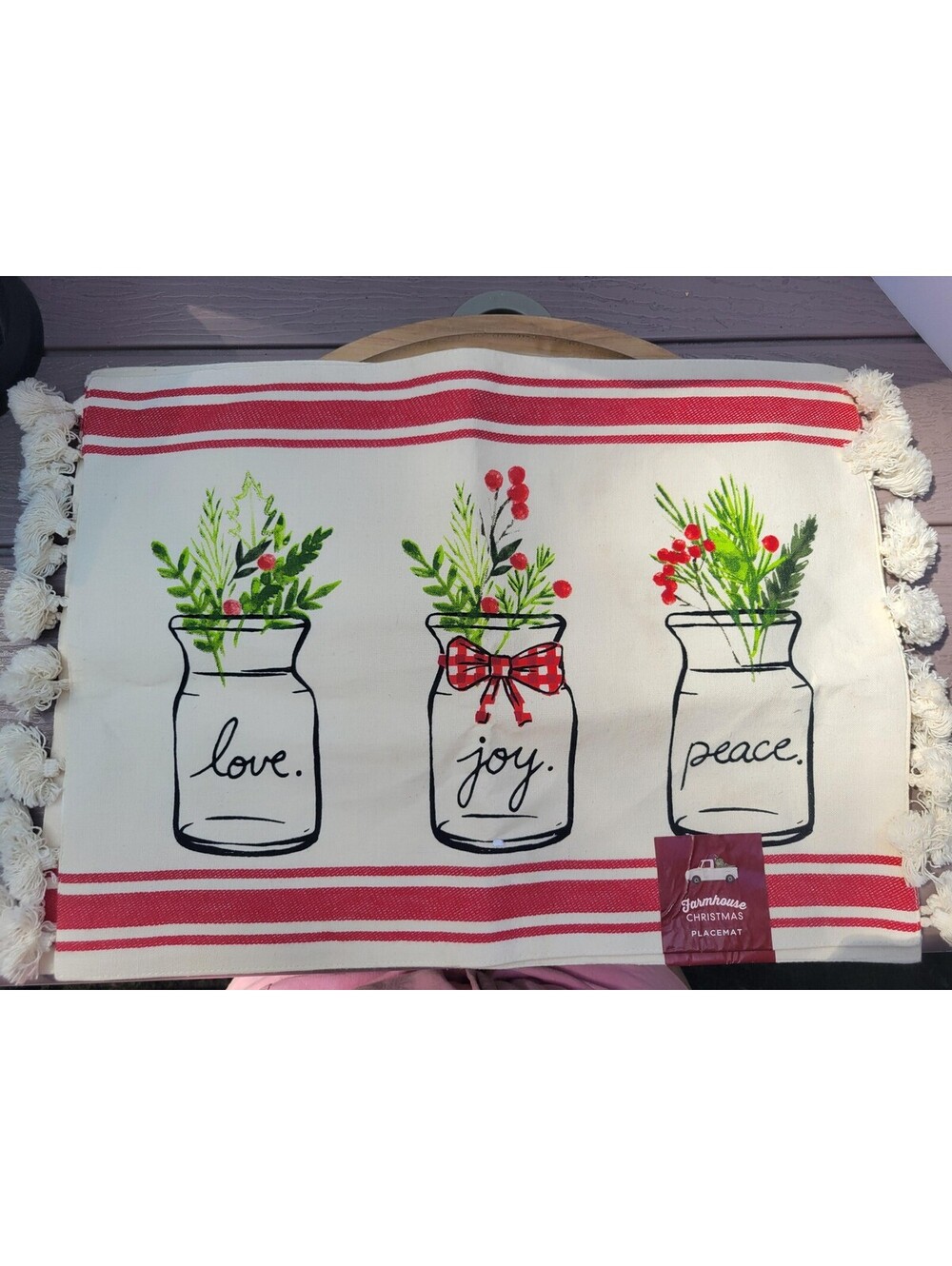 St. Nicholas Square Farmhouse Christmas Placemats Love Joy Peace Jars Tassel